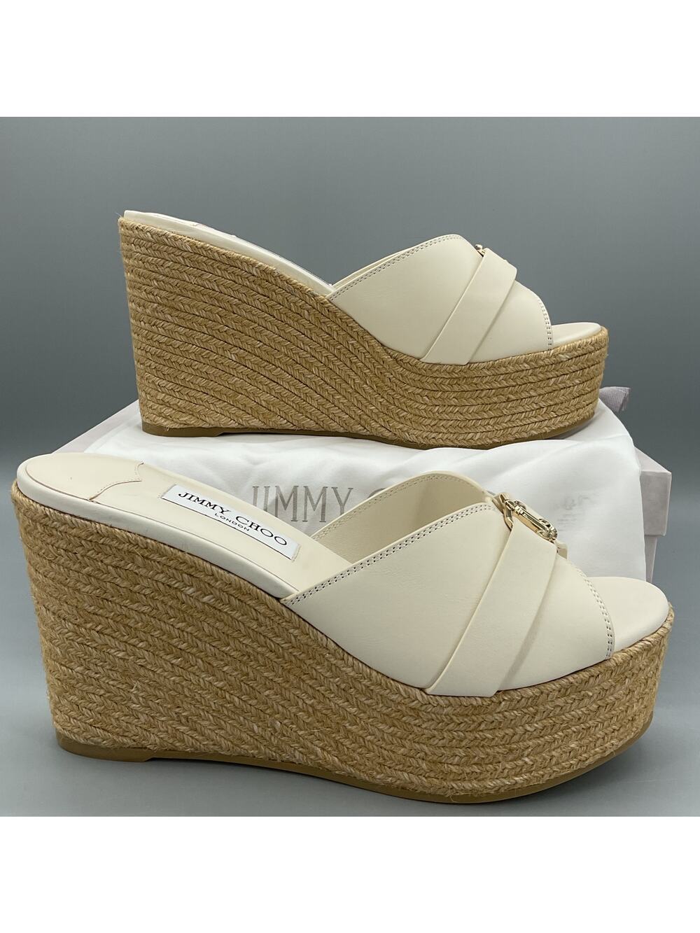 NEW Jimmy Choo Women’s Leda Leather Espadrille Wedges Latte/Gold Size 10